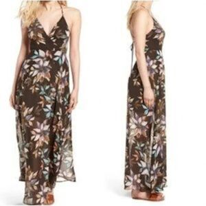 ASTR The Label Brown Floral Surplice Spaghetti Strap Maxi Dress Size Small S